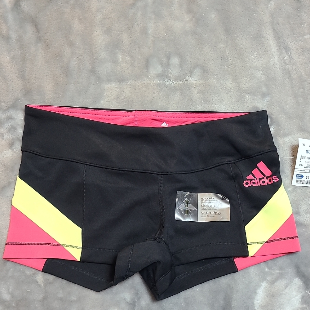 Adidas Women's Athletic Shorts Black with Pink and Yellow